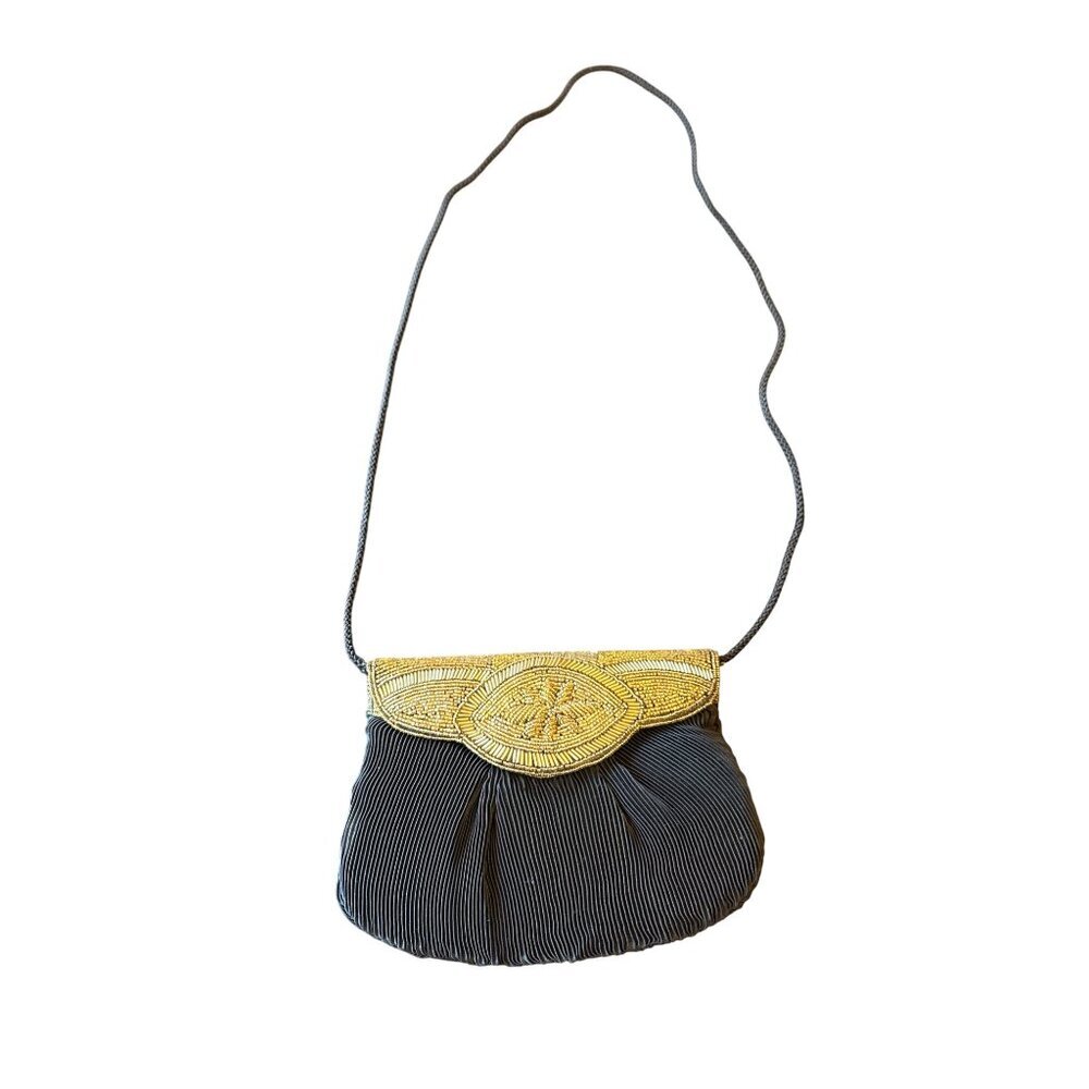 Vintage Black Evening Clutch With Gold Beaded Detail & Magnetic Snap Closure‎